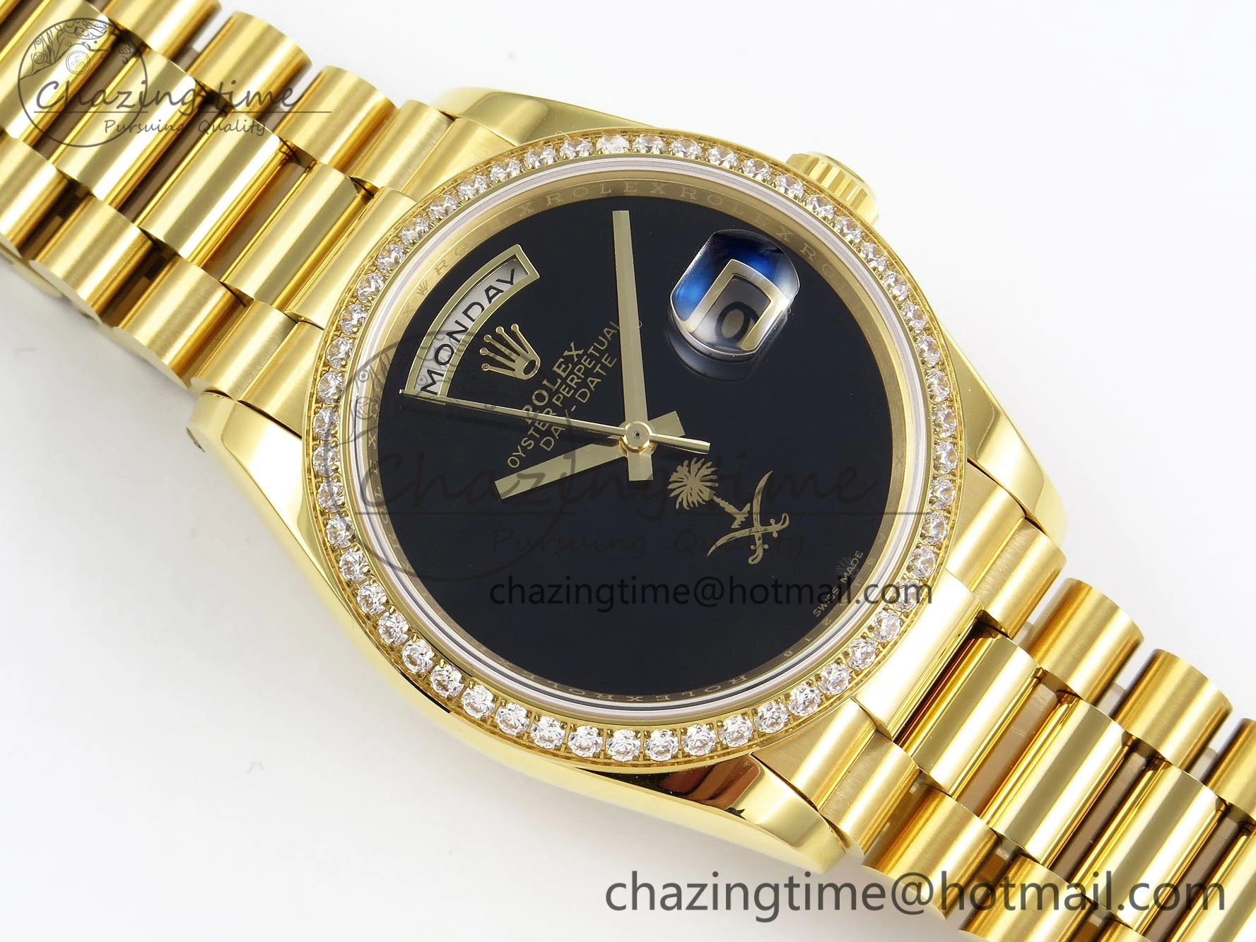 Day Date 36 YG RAF 1:1 Best Edition Black Oman Dial Diamonds Bezel on YG Bracelet A Unique 1525