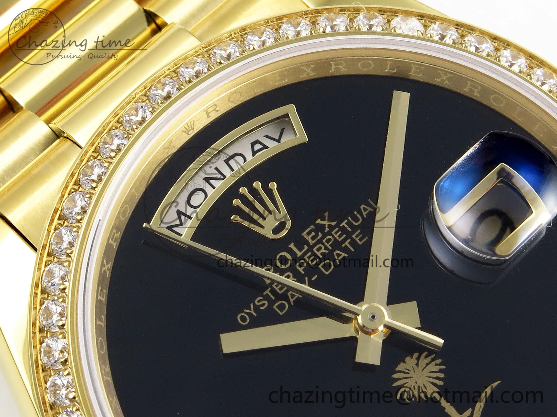 Day Date 36 YG RAF 1:1 Best Edition Black Oman Dial Diamonds Bezel on YG Bracelet A Unique 1525