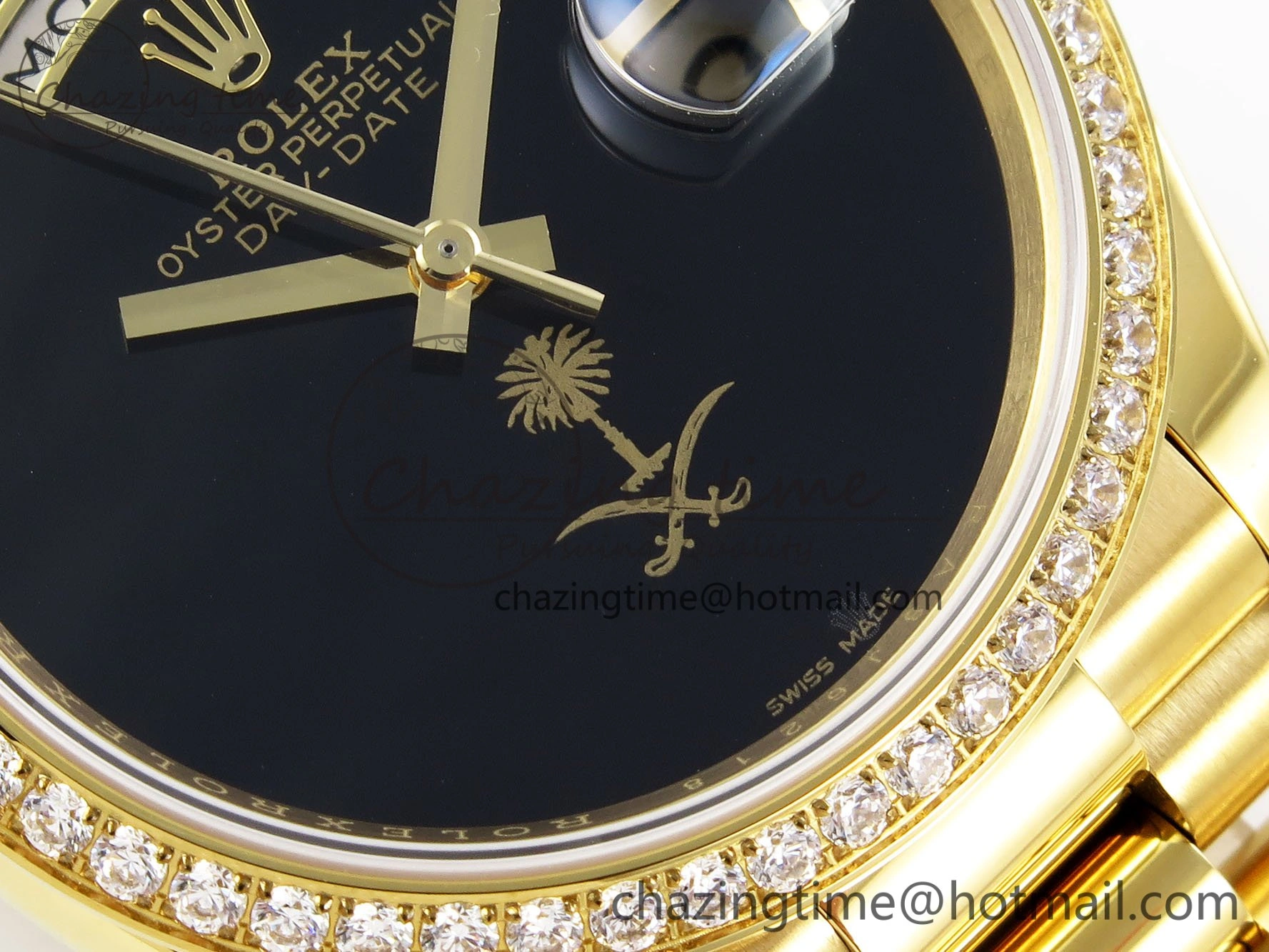 Day Date 36 YG RAF 1:1 Best Edition Black Oman Dial Diamonds Bezel on YG Bracelet A Unique 1525