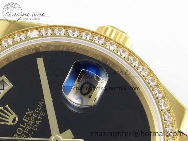 Day Date 36 YG RAF 1:1 Best Edition Black Oman Dial Diamonds Bezel on YG Bracelet A Unique 1525