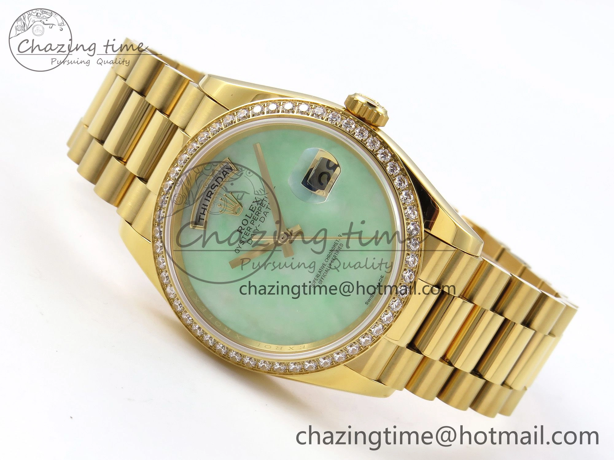 WellDesigned Day Date 36 YG RAF 1:1 Best Edition Green Stone Dial Diamonds Bezel on YG Bracelet A 1291