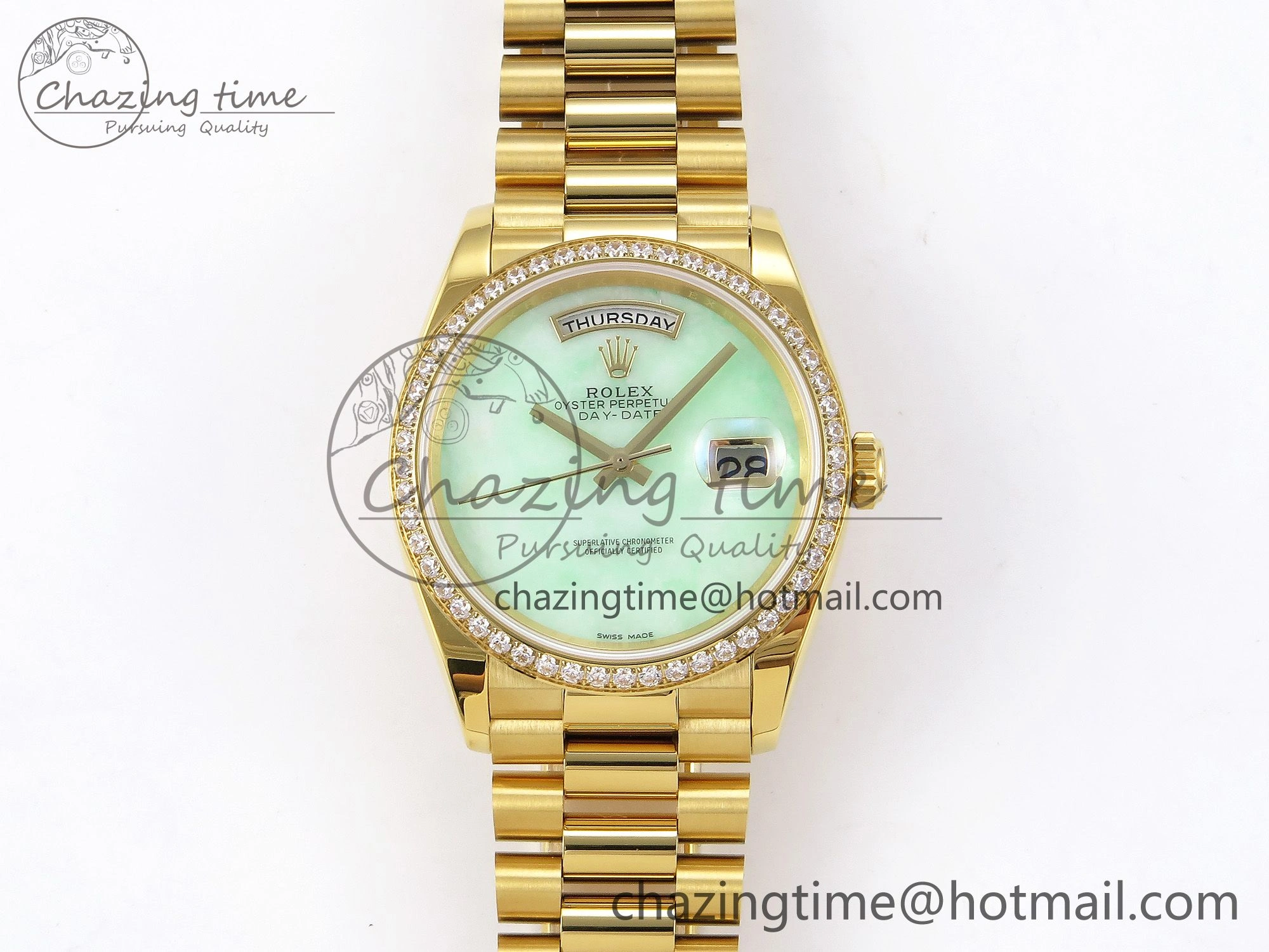 WellDesigned Day Date 36 YG RAF 1:1 Best Edition Green Stone Dial Diamonds Bezel on YG Bracelet A 1291