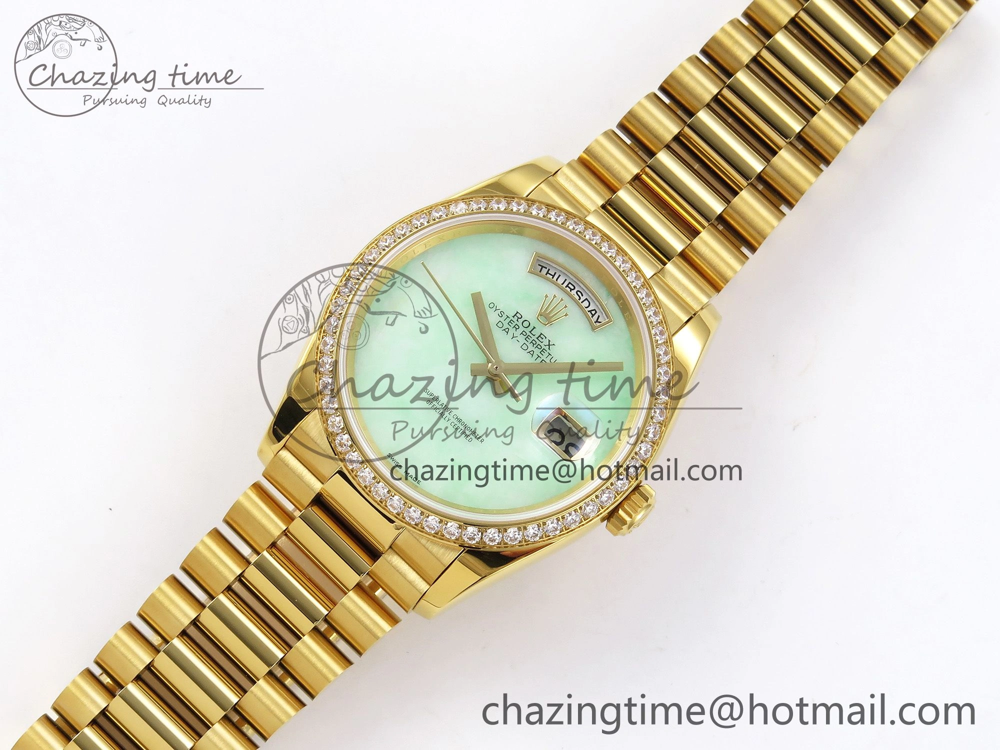 WellDesigned Day Date 36 YG RAF 1:1 Best Edition Green Stone Dial Diamonds Bezel on YG Bracelet A 1291