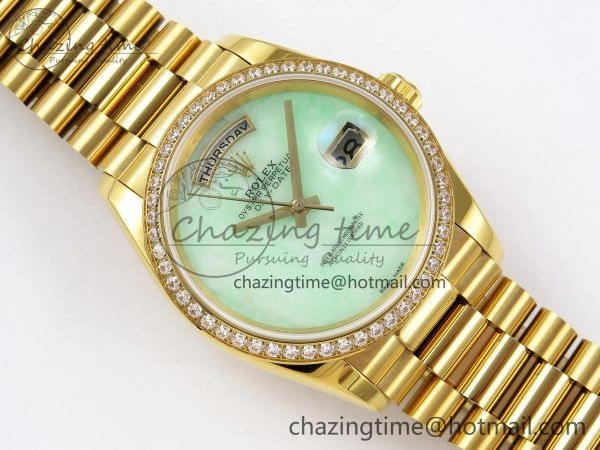 WellDesigned Day Date 36 YG RAF 1:1 Best Edition Green Stone Dial Diamonds Bezel on YG Bracelet A 1291