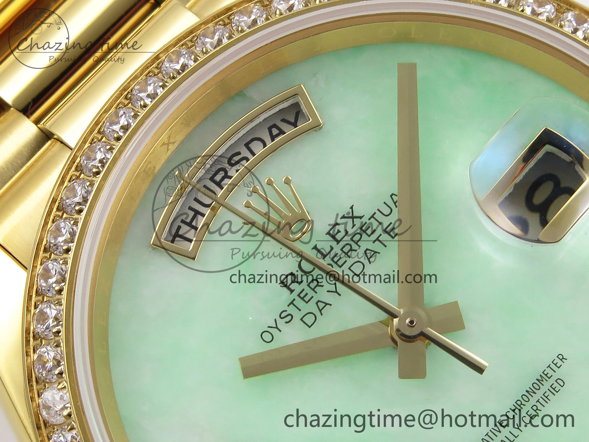 WellDesigned Day Date 36 YG RAF 1:1 Best Edition Green Stone Dial Diamonds Bezel on YG Bracelet A 1291
