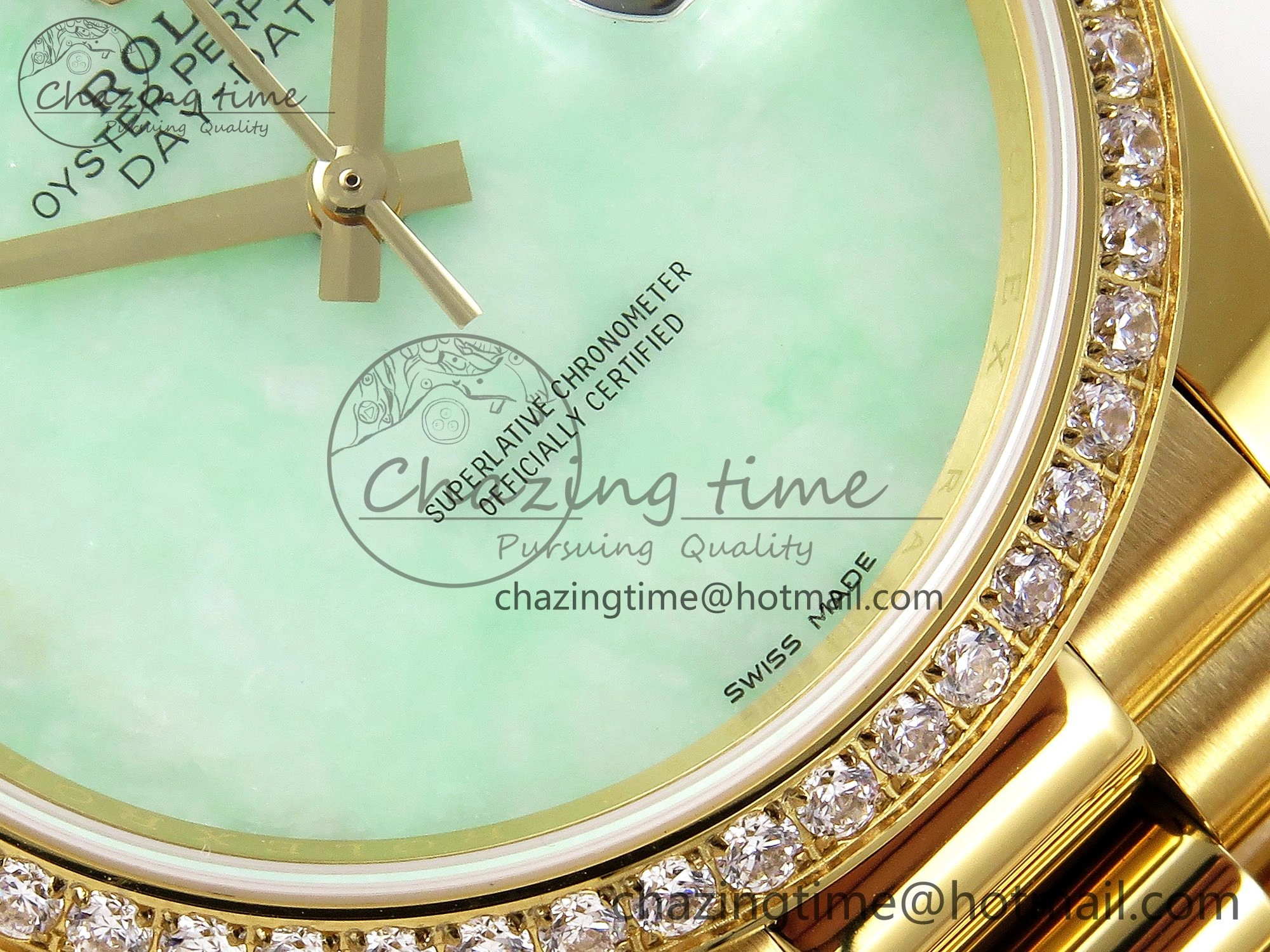 WellDesigned Day Date 36 YG RAF 1:1 Best Edition Green Stone Dial Diamonds Bezel on YG Bracelet A 1291