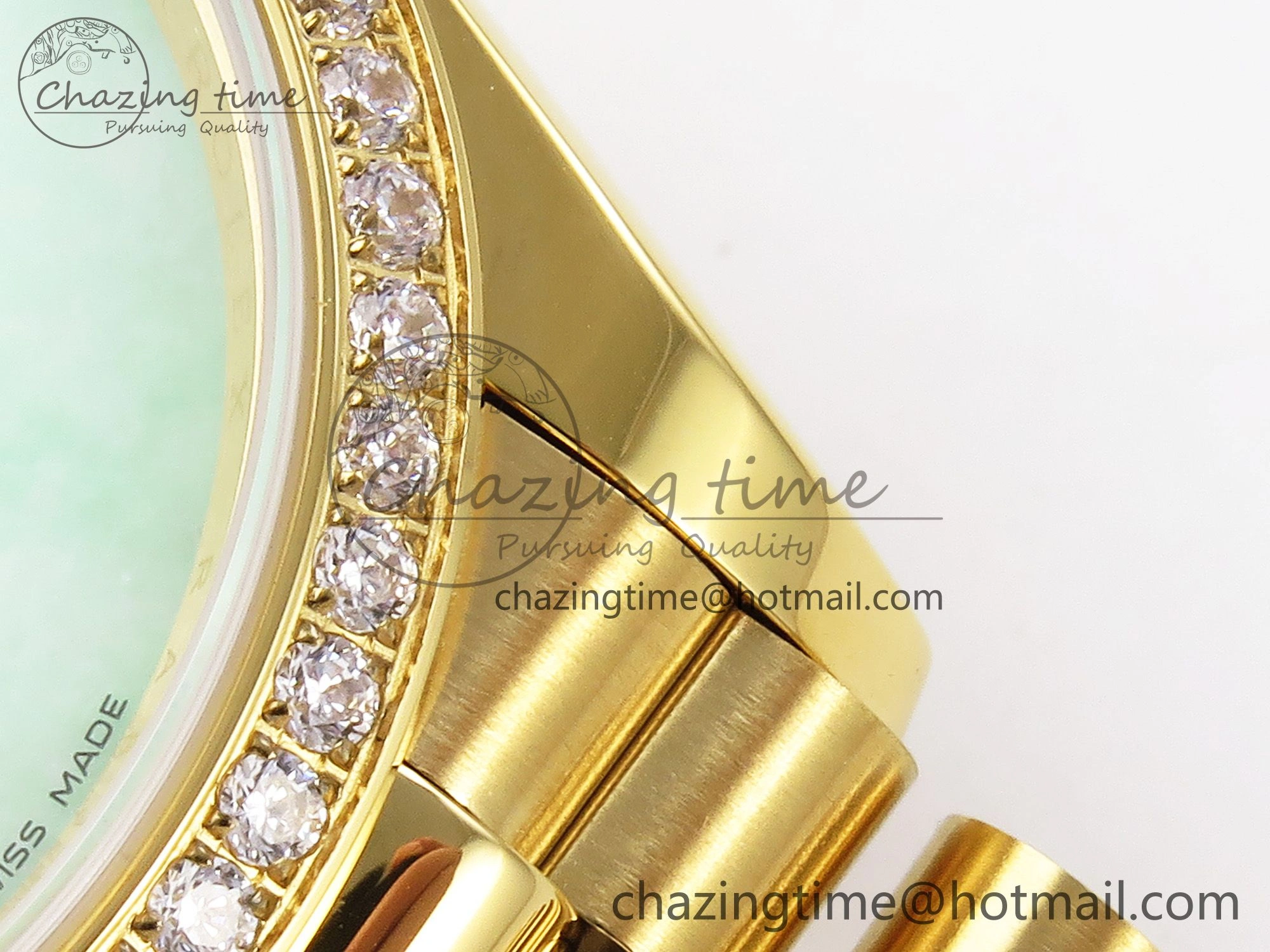 WellDesigned Day Date 36 YG RAF 1:1 Best Edition Green Stone Dial Diamonds Bezel on YG Bracelet A 1291