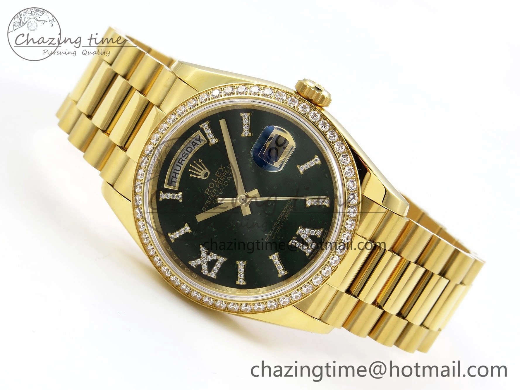 Reliable Day Date 36 YG RAF 1:1 Best Edition Green Stone Roman Dial Diamonds Bezel on YG Bracelet A 1523