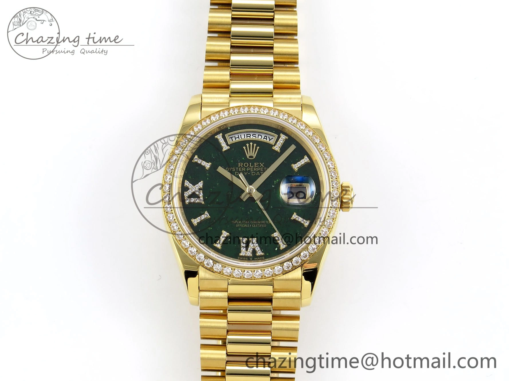 Reliable Day Date 36 YG RAF 1:1 Best Edition Green Stone Roman Dial Diamonds Bezel on YG Bracelet A 1523