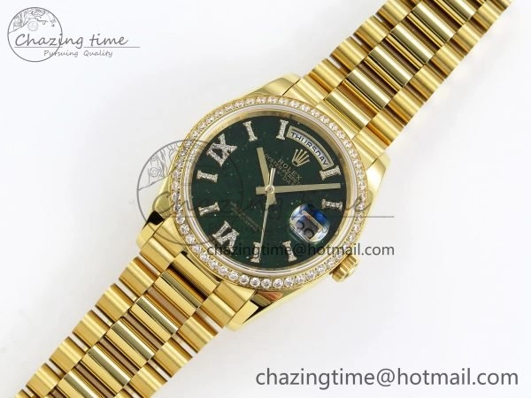 Reliable Day Date 36 YG RAF 1:1 Best Edition Green Stone Roman Dial Diamonds Bezel on YG Bracelet A 1523