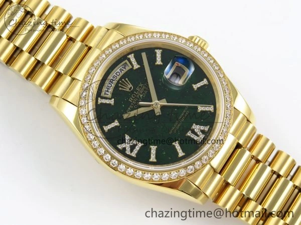 Reliable Day Date 36 YG RAF 1:1 Best Edition Green Stone Roman Dial Diamonds Bezel on YG Bracelet A 1523