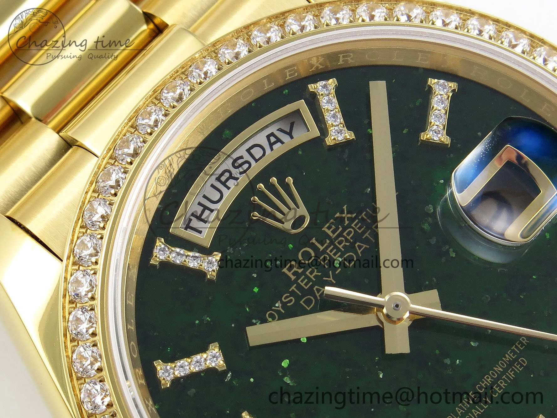 Reliable Day Date 36 YG RAF 1:1 Best Edition Green Stone Roman Dial Diamonds Bezel on YG Bracelet A 1523