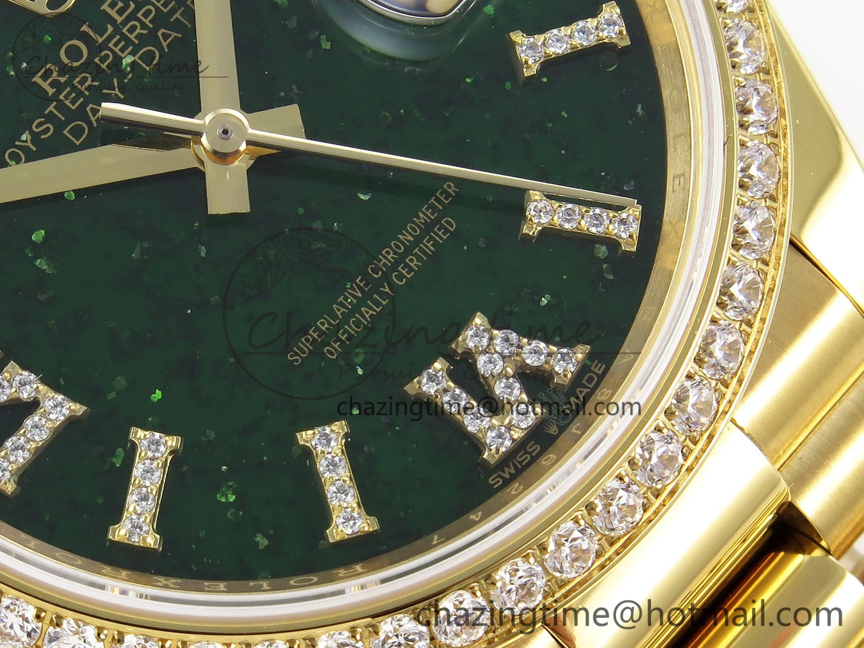 Reliable Day Date 36 YG RAF 1:1 Best Edition Green Stone Roman Dial Diamonds Bezel on YG Bracelet A 1523
