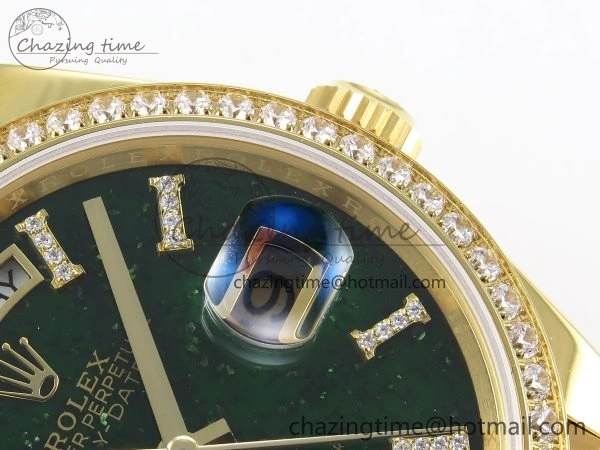 Reliable Day Date 36 YG RAF 1:1 Best Edition Green Stone Roman Dial Diamonds Bezel on YG Bracelet A 1523