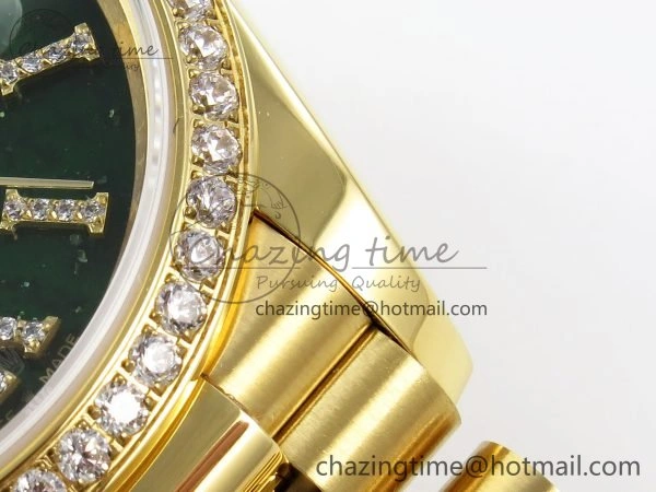 Reliable Day Date 36 YG RAF 1:1 Best Edition Green Stone Roman Dial Diamonds Bezel on YG Bracelet A 1523