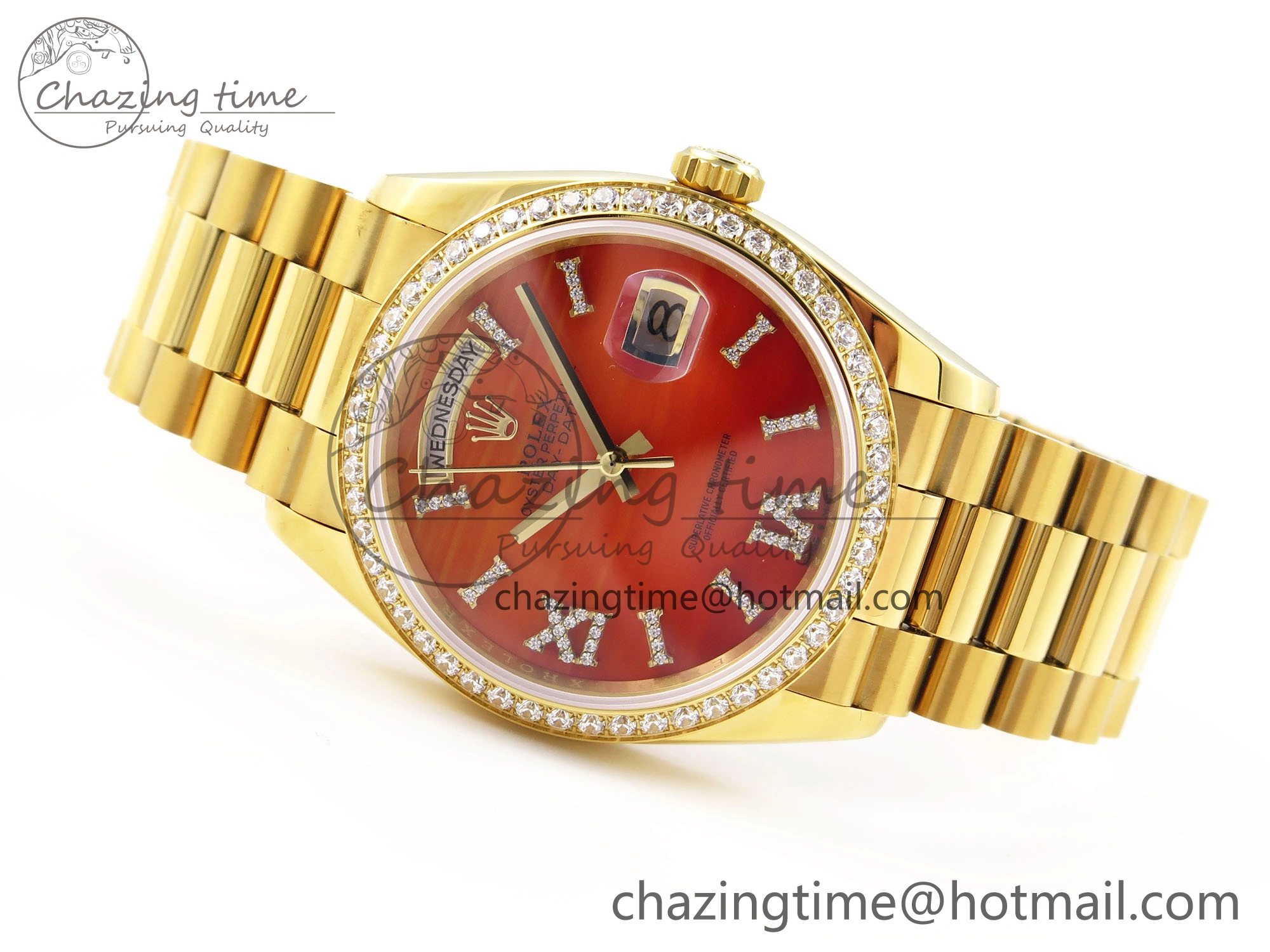 GoAnywhere Day Date 36 YG RAF 1:1 Best Edition Red Carnelian Dial Diamonds Bezel on YG Bracelet A 1849