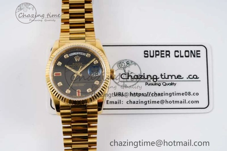 Attractive Day Date 36 YG RAF Best Edition Black Diamonds on YG Bracelet A 2018