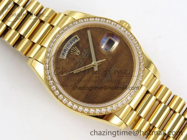 Day Date 36 YG RAF Best Edition Diamond Bezel Brown Wave Dial on YG Bracelet A SmoothTexture 1380