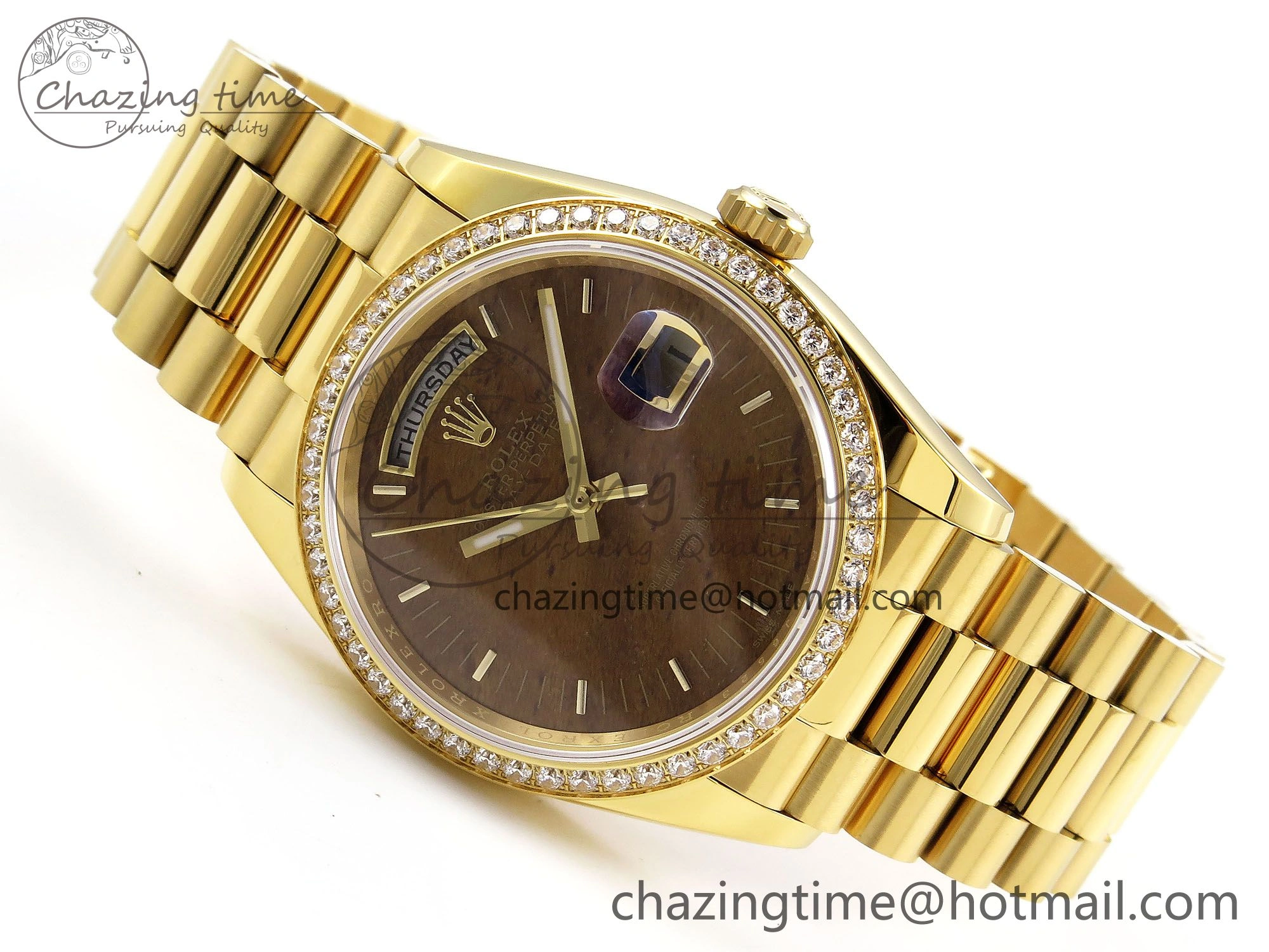 TechFriendly Day Date 36 YG RAF Best Edition Diamond Bezel Brown Wood Dial on YG Bracelet A 1382