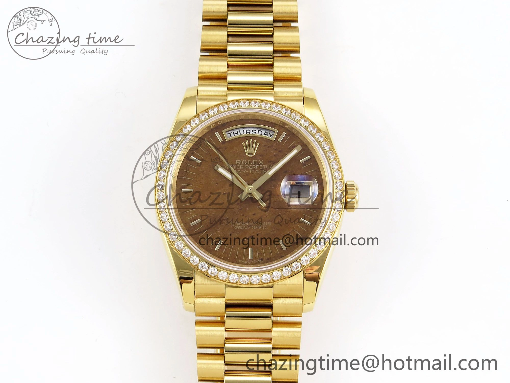 TechFriendly Day Date 36 YG RAF Best Edition Diamond Bezel Brown Wood Dial on YG Bracelet A 1382