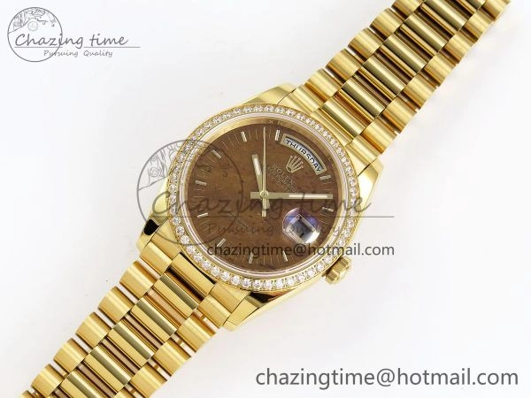 TechFriendly Day Date 36 YG RAF Best Edition Diamond Bezel Brown Wood Dial on YG Bracelet A 1382