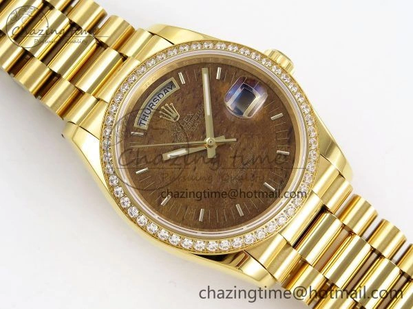 TechFriendly Day Date 36 YG RAF Best Edition Diamond Bezel Brown Wood Dial on YG Bracelet A 1382
