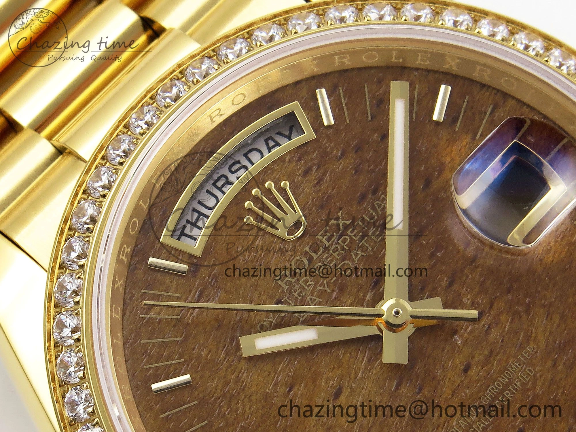 TechFriendly Day Date 36 YG RAF Best Edition Diamond Bezel Brown Wood Dial on YG Bracelet A 1382