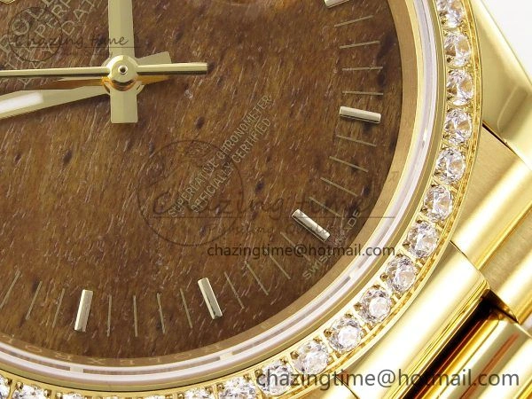 TechFriendly Day Date 36 YG RAF Best Edition Diamond Bezel Brown Wood Dial on YG Bracelet A 1382