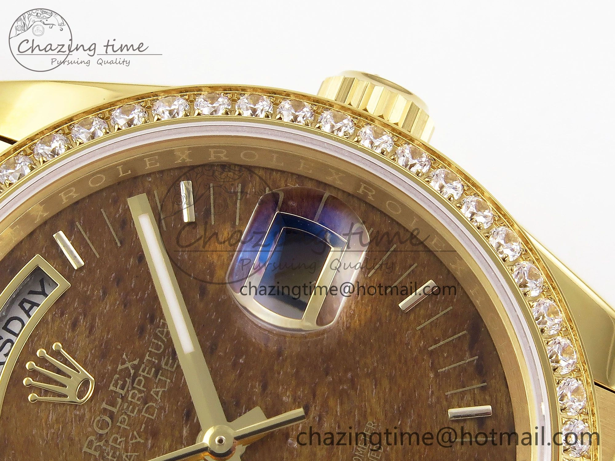 TechFriendly Day Date 36 YG RAF Best Edition Diamond Bezel Brown Wood Dial on YG Bracelet A 1382