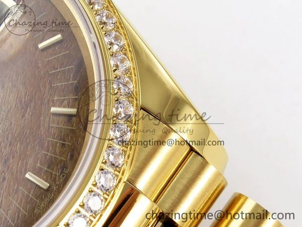 TechFriendly Day Date 36 YG RAF Best Edition Diamond Bezel Brown Wood Dial on YG Bracelet A 1382