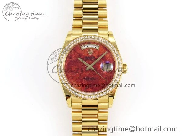 Day Date 36 YG RAF Best Edition Diamond Bezel Rock Dial on YG Bracelet A Vibrant 1381