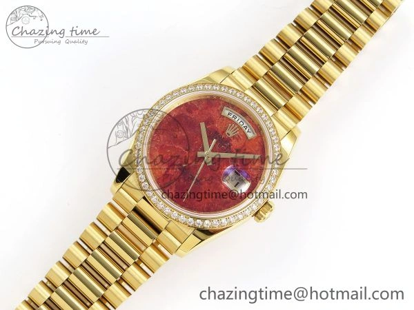 Day Date 36 YG RAF Best Edition Diamond Bezel Rock Dial on YG Bracelet A Vibrant 1381