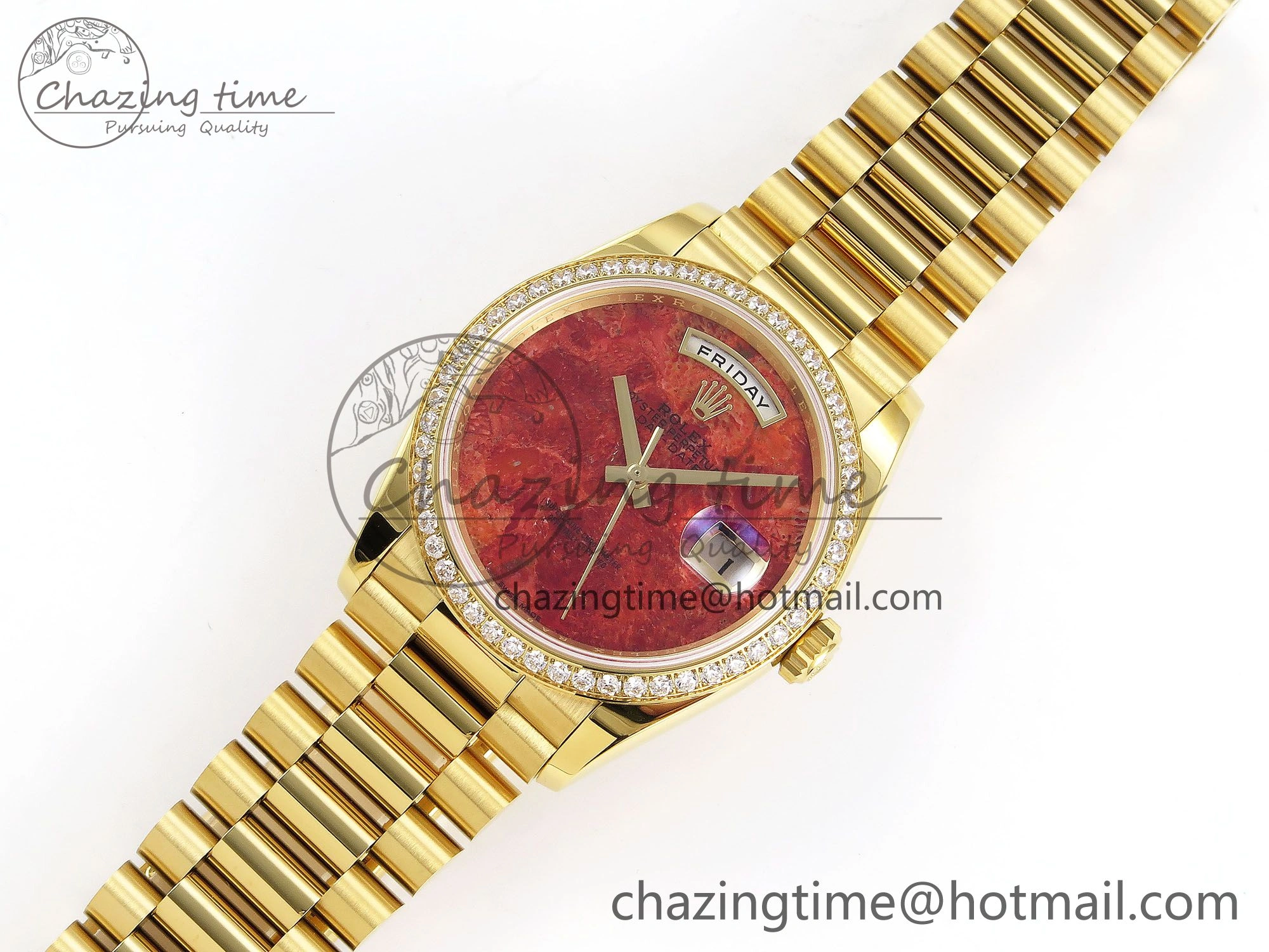 Day Date 36 YG RAF Best Edition Diamond Bezel Rock Dial on YG Bracelet A Vibrant 1381