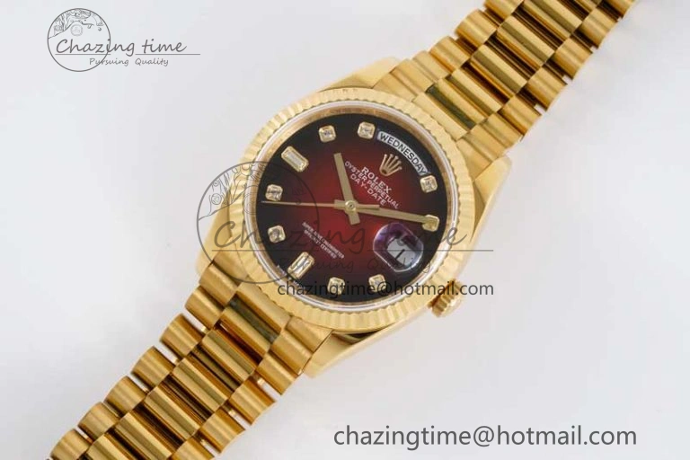 Contemporary Day Date 36 YG RAF Best Edition Red Black Diamonds on YG Bracelet A 2022