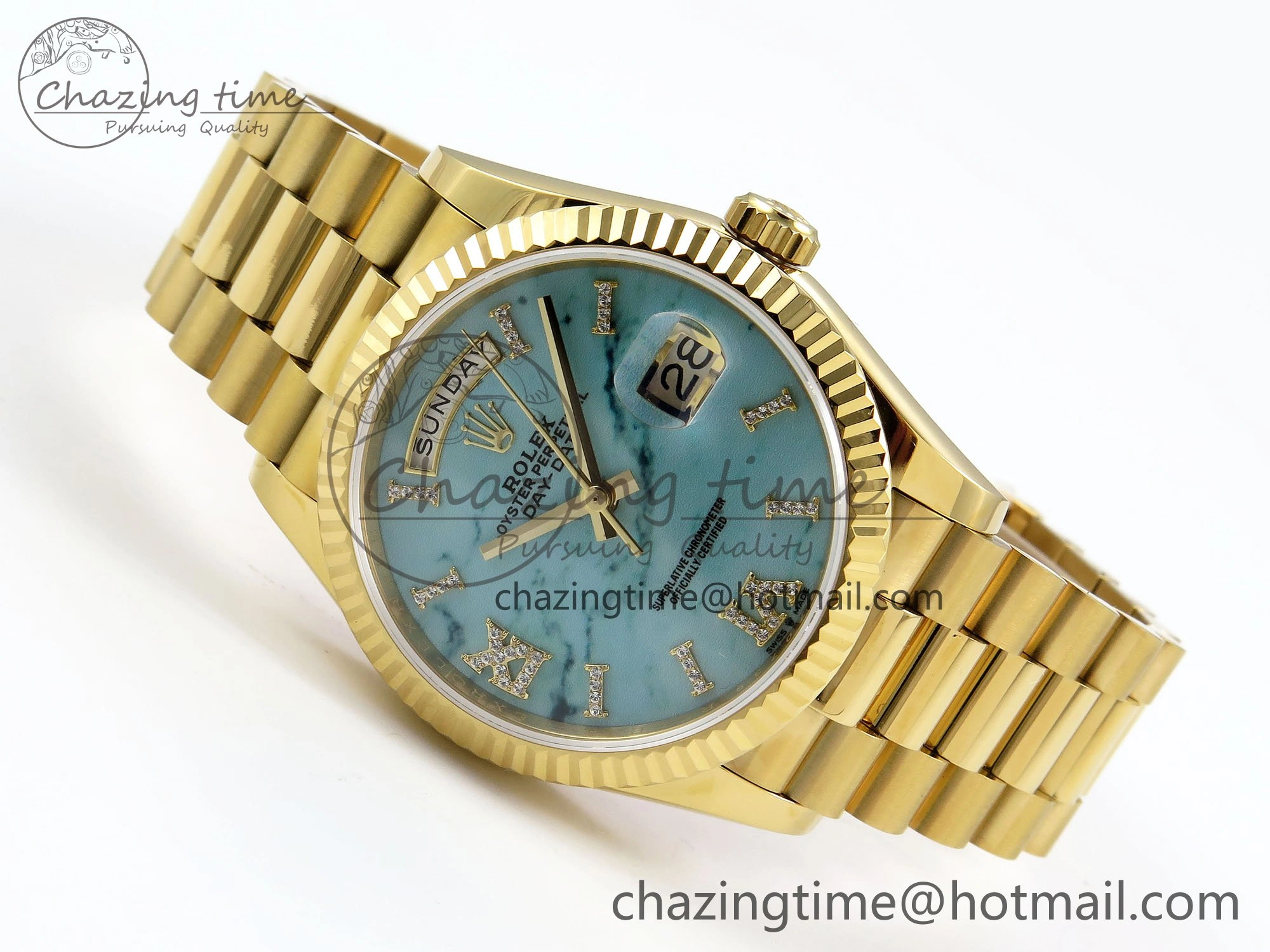 EasyMatch Day Date 36 YG TWSF Best Edition Blue Roman Diamonds Dial on YG Bracelet A 1614