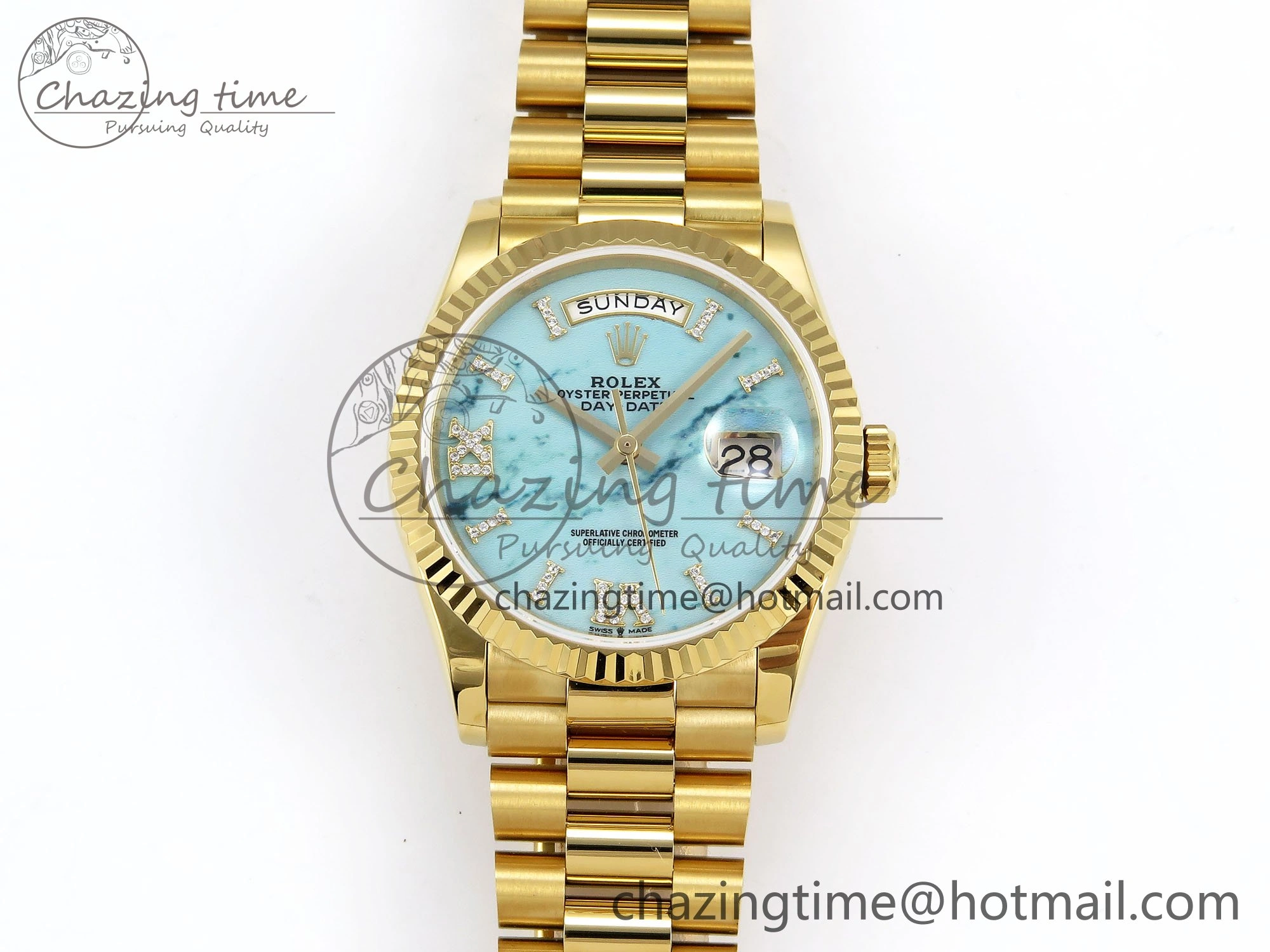 EasyMatch Day Date 36 YG TWSF Best Edition Blue Roman Diamonds Dial on YG Bracelet A 1614
