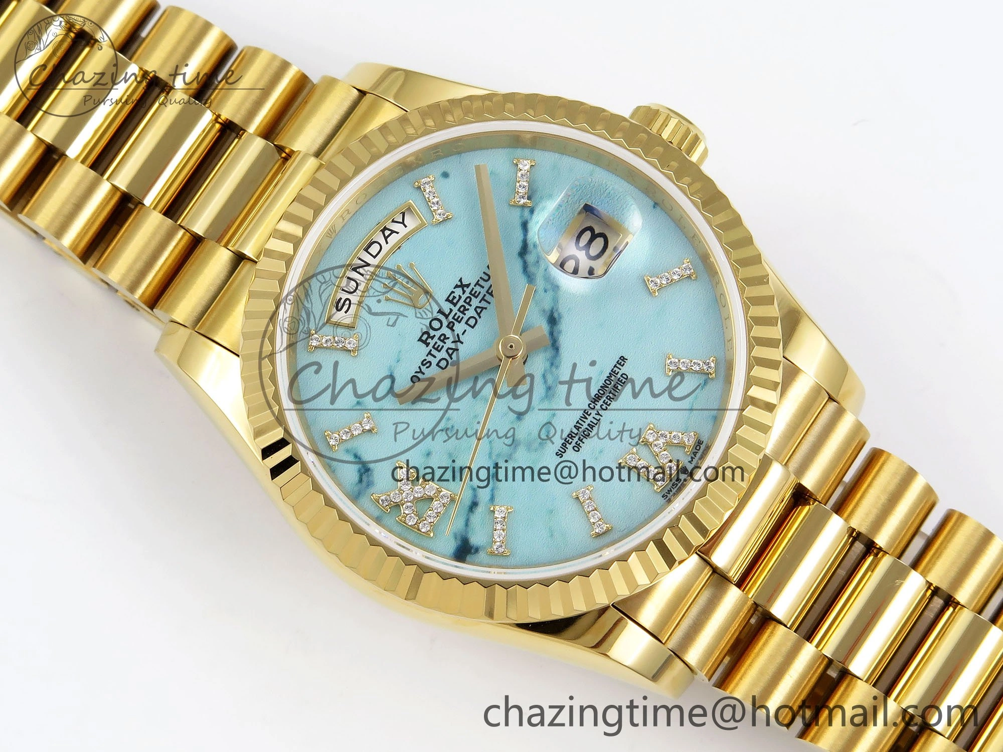 EasyMatch Day Date 36 YG TWSF Best Edition Blue Roman Diamonds Dial on YG Bracelet A 1614