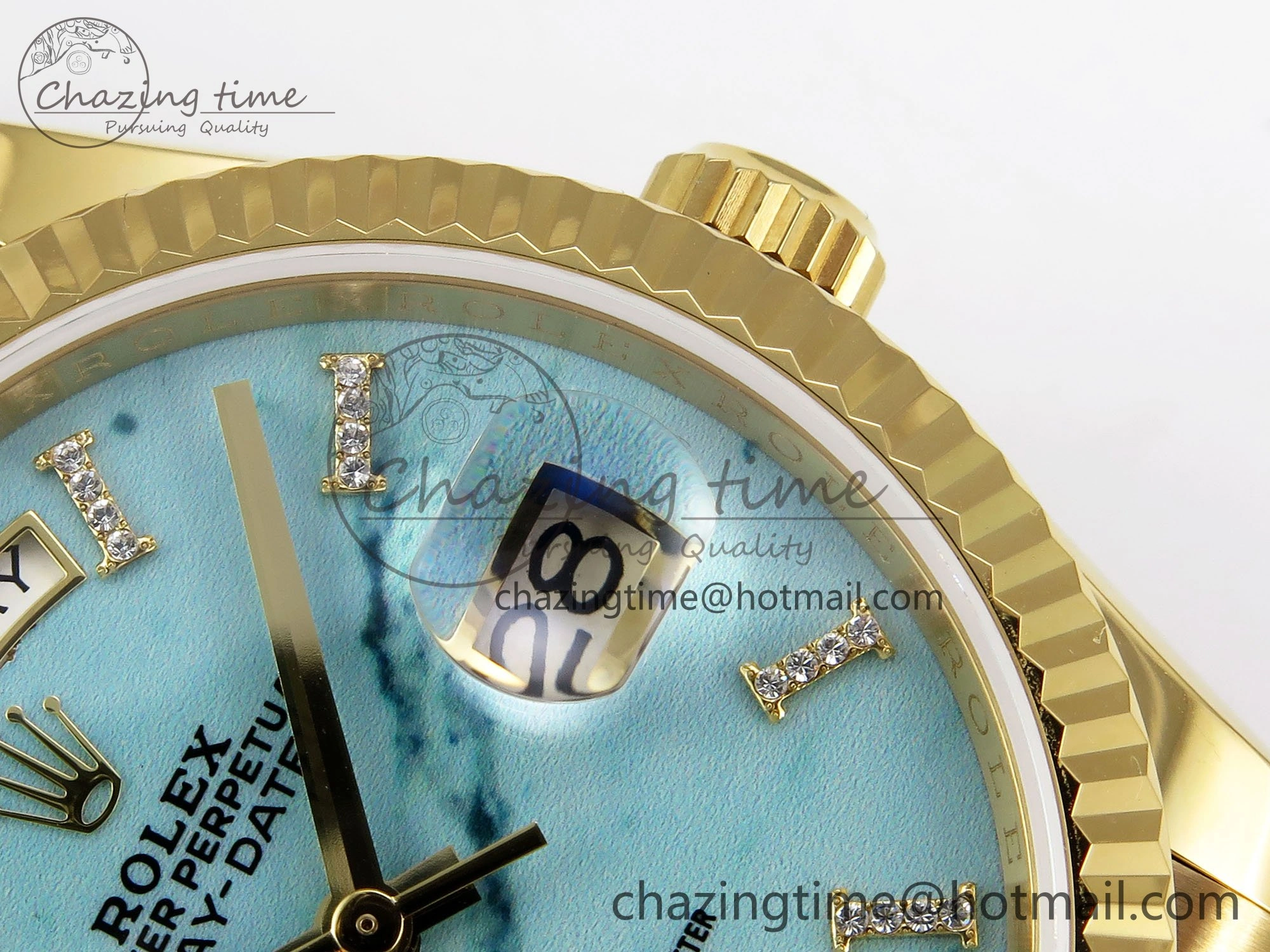 EasyMatch Day Date 36 YG TWSF Best Edition Blue Roman Diamonds Dial on YG Bracelet A 1614