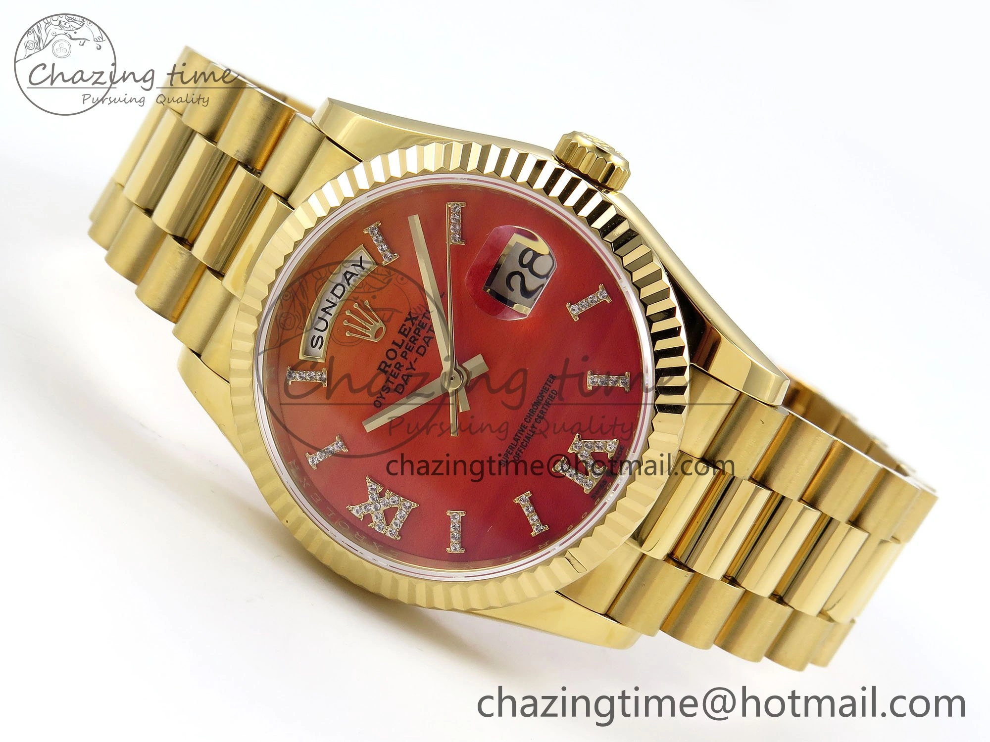 TopPick Day Date 36 YG TWSF Best Edition Orange Red Roman Diamonds Dial on YG Bracelet A 1615