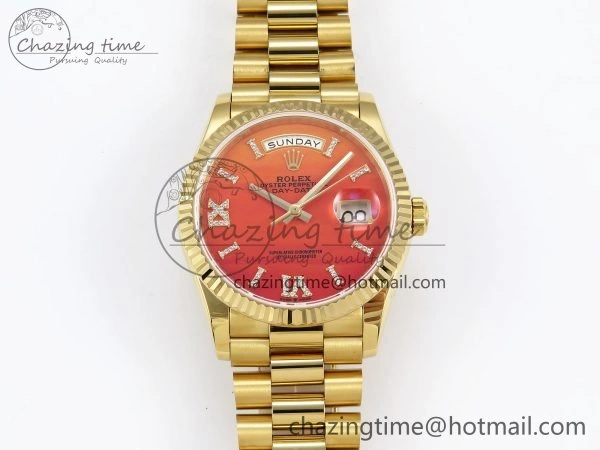 TopPick Day Date 36 YG TWSF Best Edition Orange Red Roman Diamonds Dial on YG Bracelet A 1615