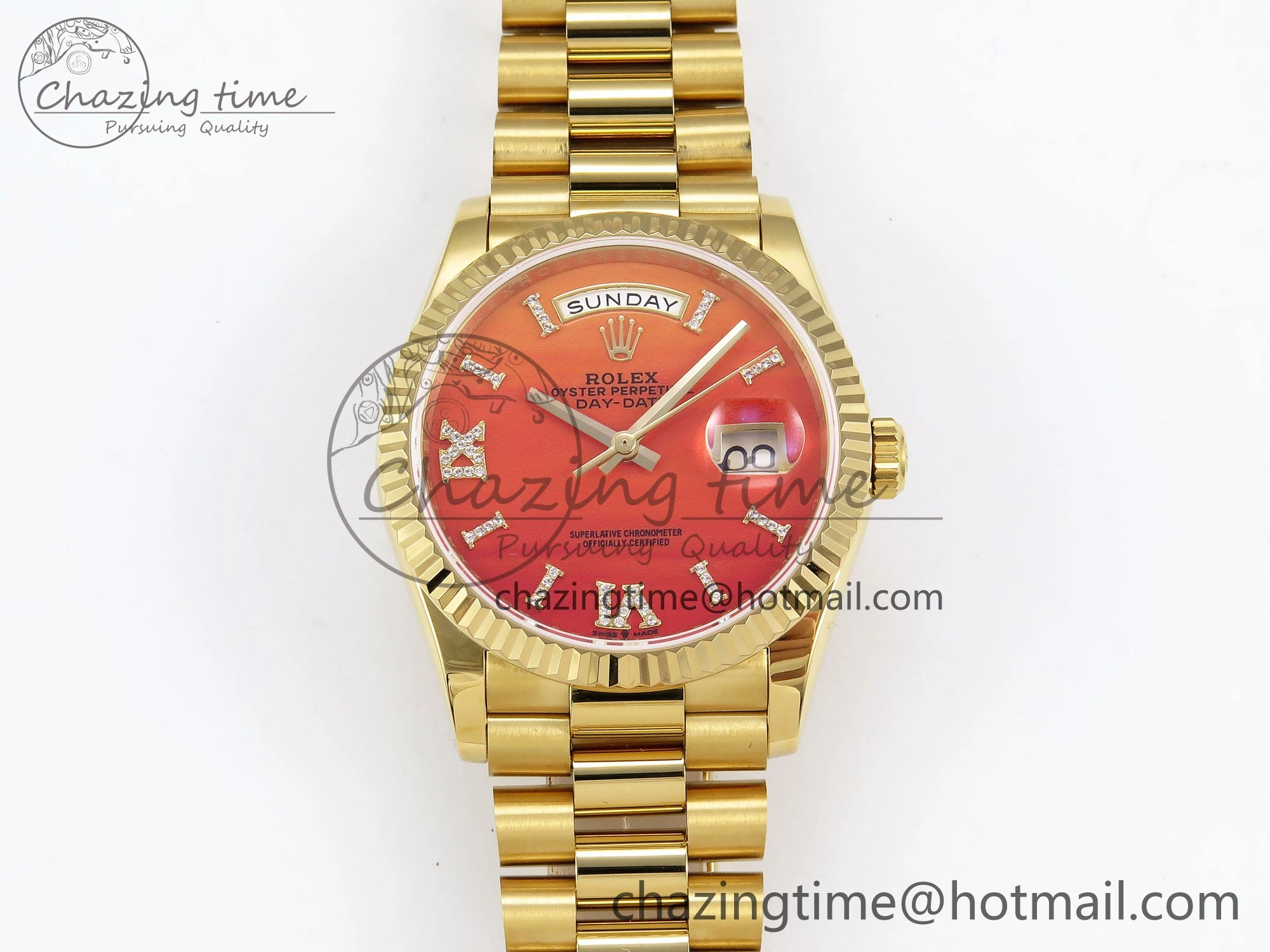 TopPick Day Date 36 YG TWSF Best Edition Orange Red Roman Diamonds Dial on YG Bracelet A 1615