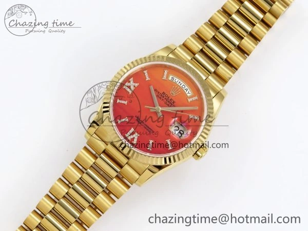 TopPick Day Date 36 YG TWSF Best Edition Orange Red Roman Diamonds Dial on YG Bracelet A 1615