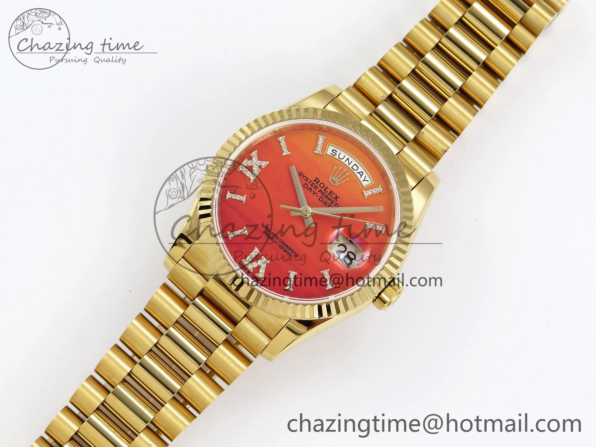 TopPick Day Date 36 YG TWSF Best Edition Orange Red Roman Diamonds Dial on YG Bracelet A 1615