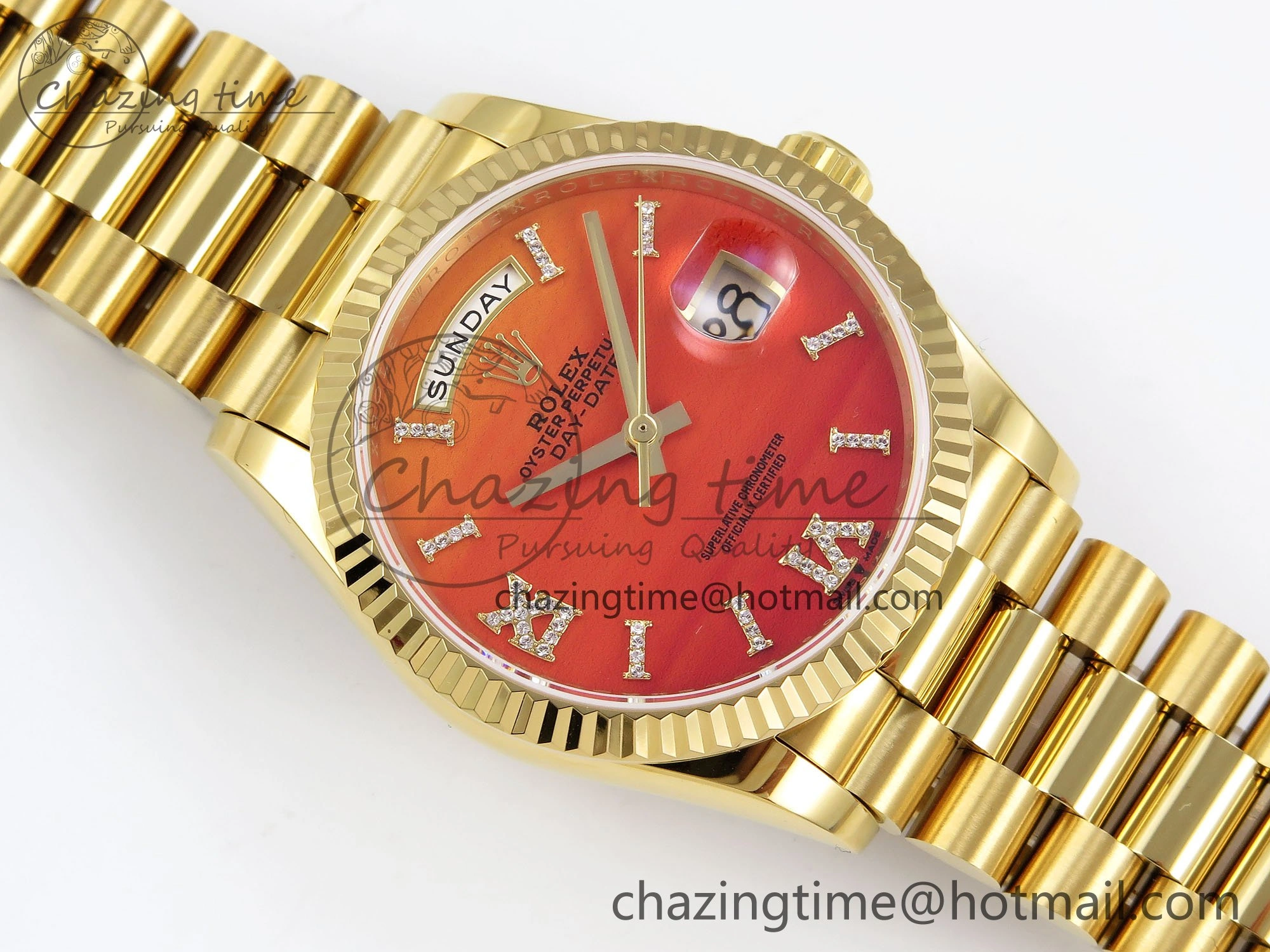 TopPick Day Date 36 YG TWSF Best Edition Orange Red Roman Diamonds Dial on YG Bracelet A 1615