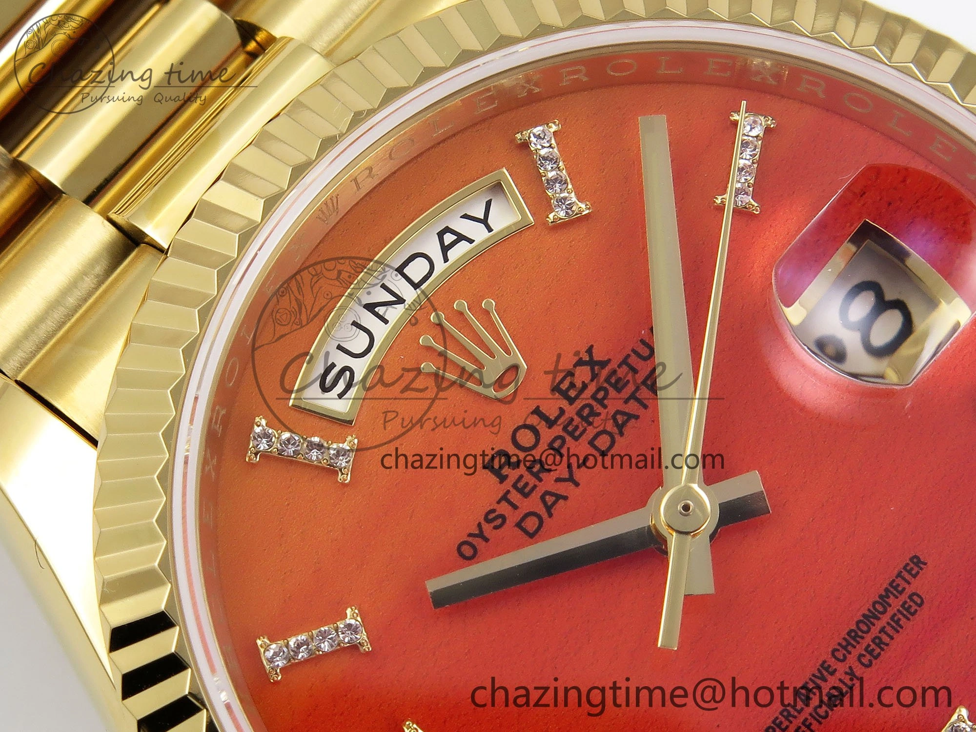 TopPick Day Date 36 YG TWSF Best Edition Orange Red Roman Diamonds Dial on YG Bracelet A 1615