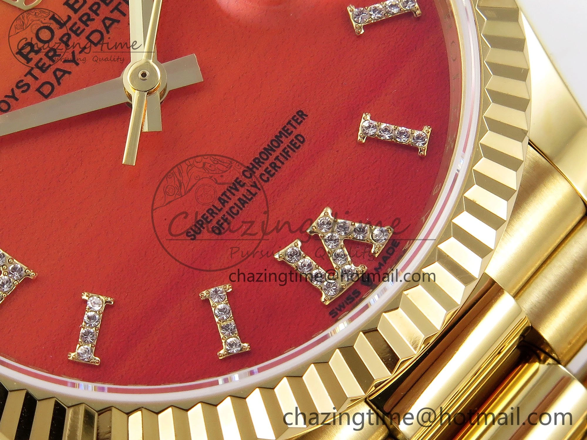TopPick Day Date 36 YG TWSF Best Edition Orange Red Roman Diamonds Dial on YG Bracelet A 1615