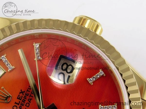 TopPick Day Date 36 YG TWSF Best Edition Orange Red Roman Diamonds Dial on YG Bracelet A 1615