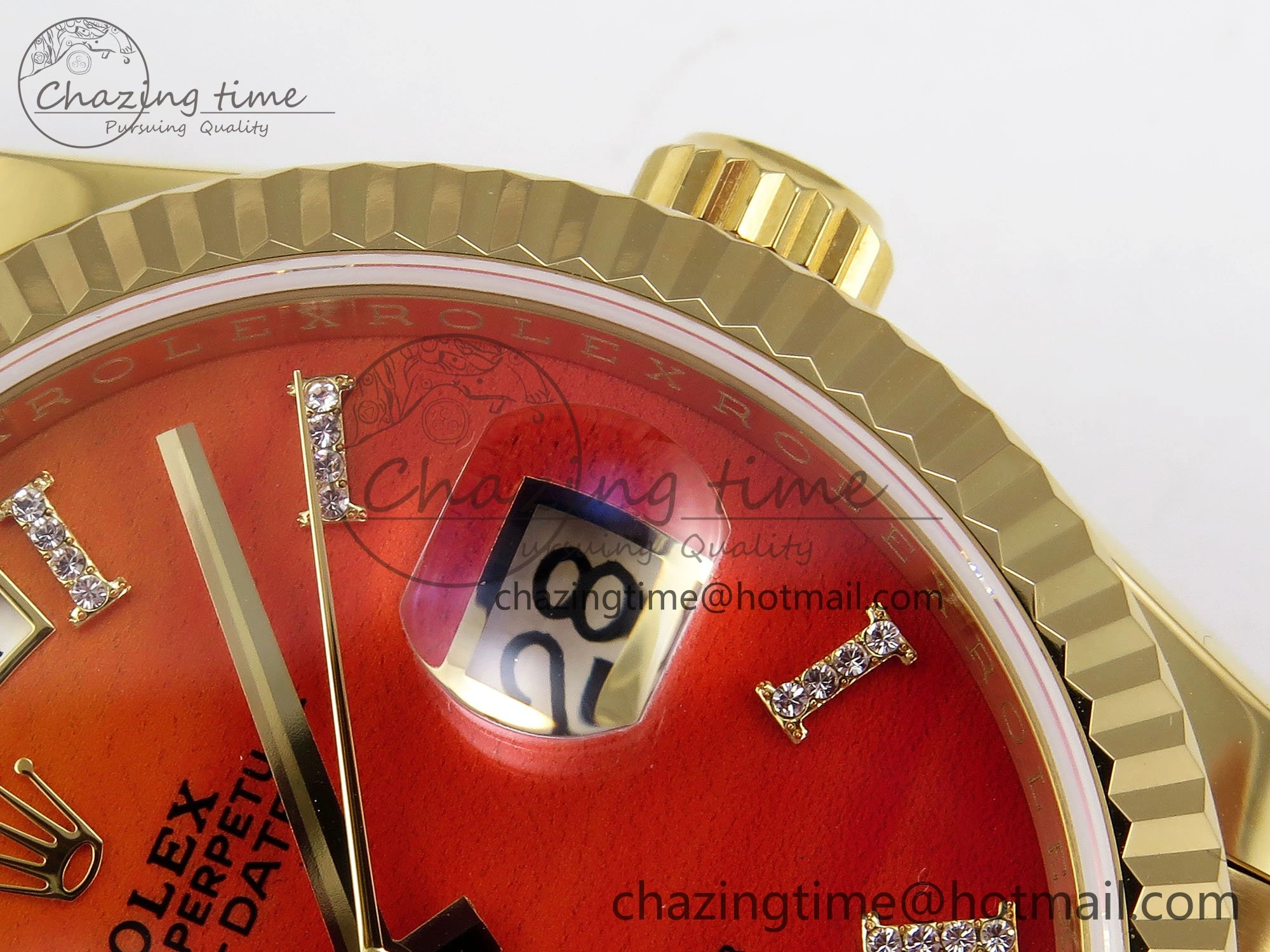 TopPick Day Date 36 YG TWSF Best Edition Orange Red Roman Diamonds Dial on YG Bracelet A 1615