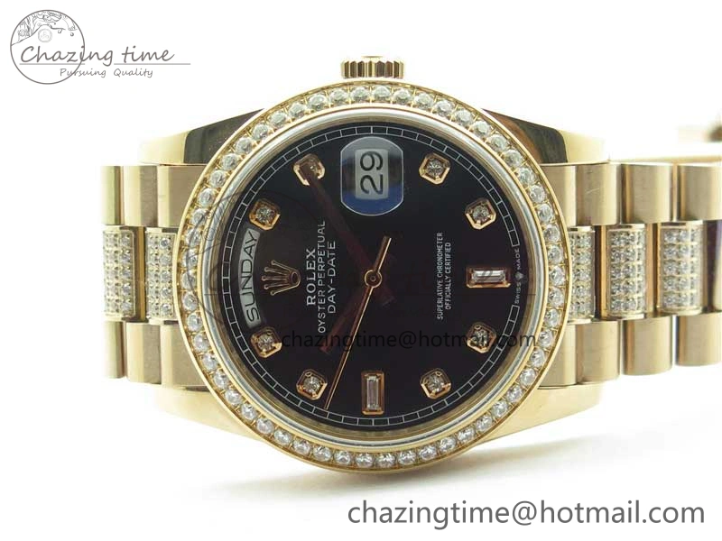 Day-Date 36mm 128235 RG Crystal BP Best Edition Black Crystal Marker Dial on RG President Bracelet A QuickDry 10358