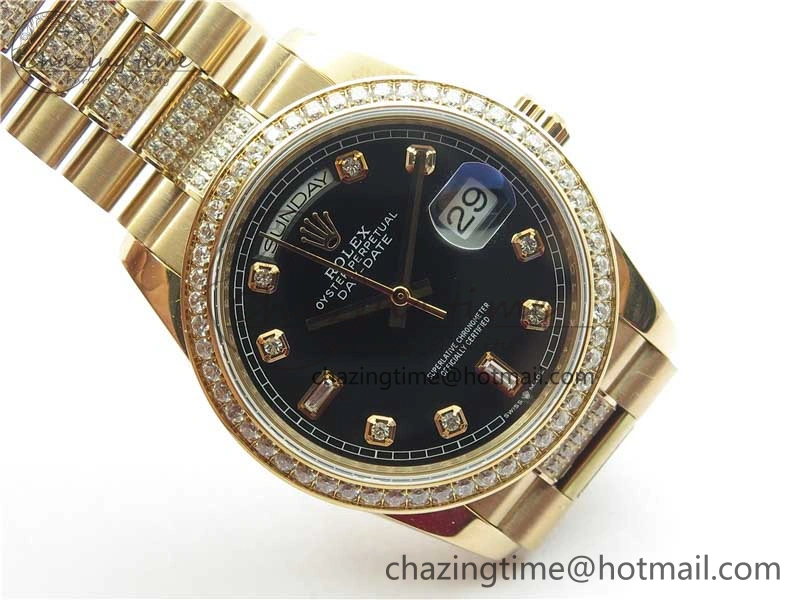 Day-Date 36mm 128235 RG Crystal BP Best Edition Black Crystal Marker Dial on RG President Bracelet A QuickDry 10358